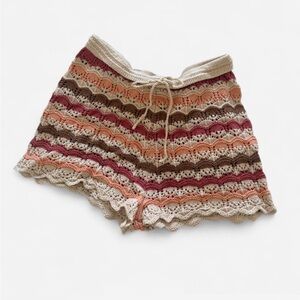 Crocheted Stripe Summer Shorts in Cream, Pink, Brown